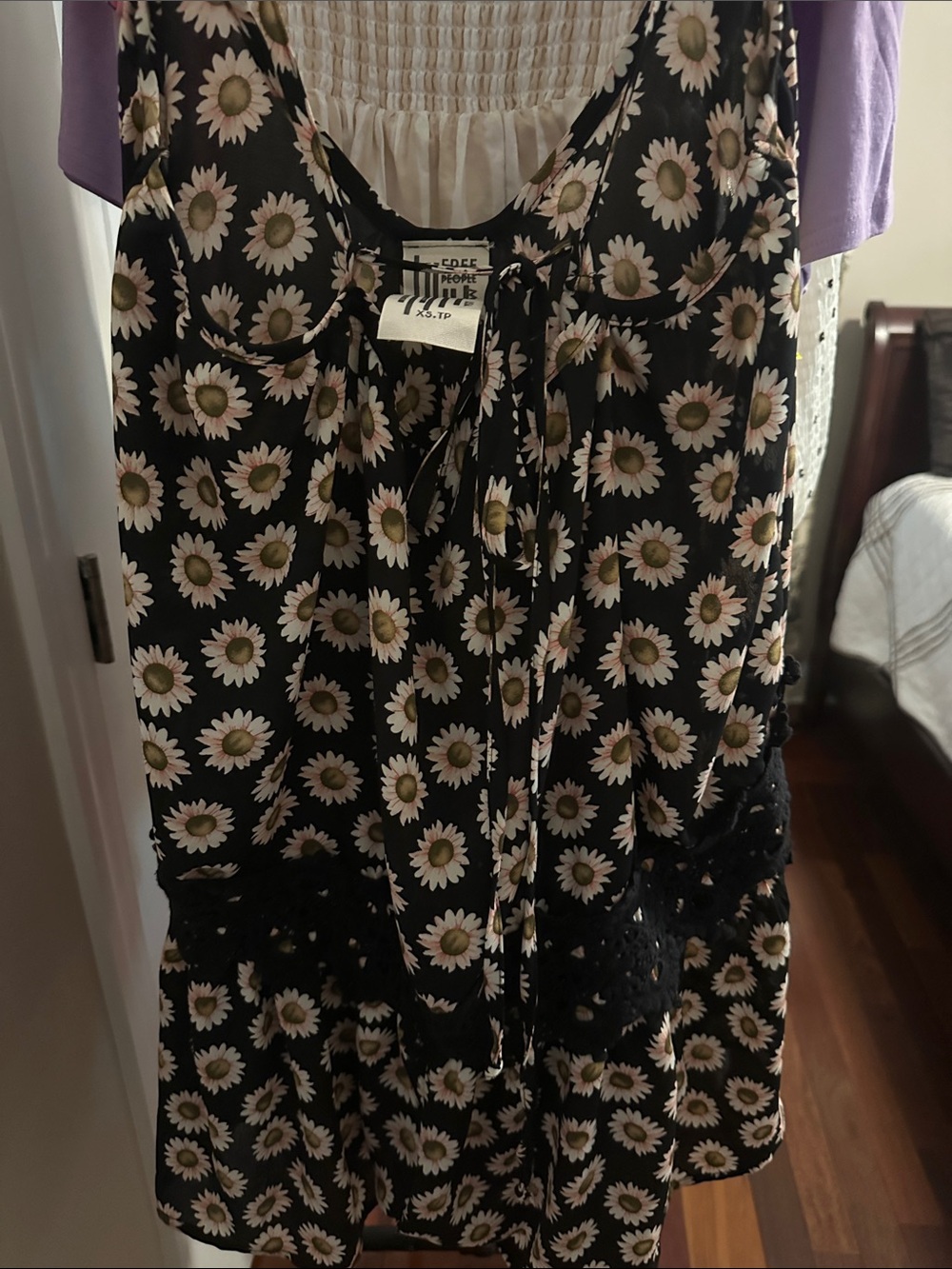 Free People Black Daisy-Print Tie-Front Tank